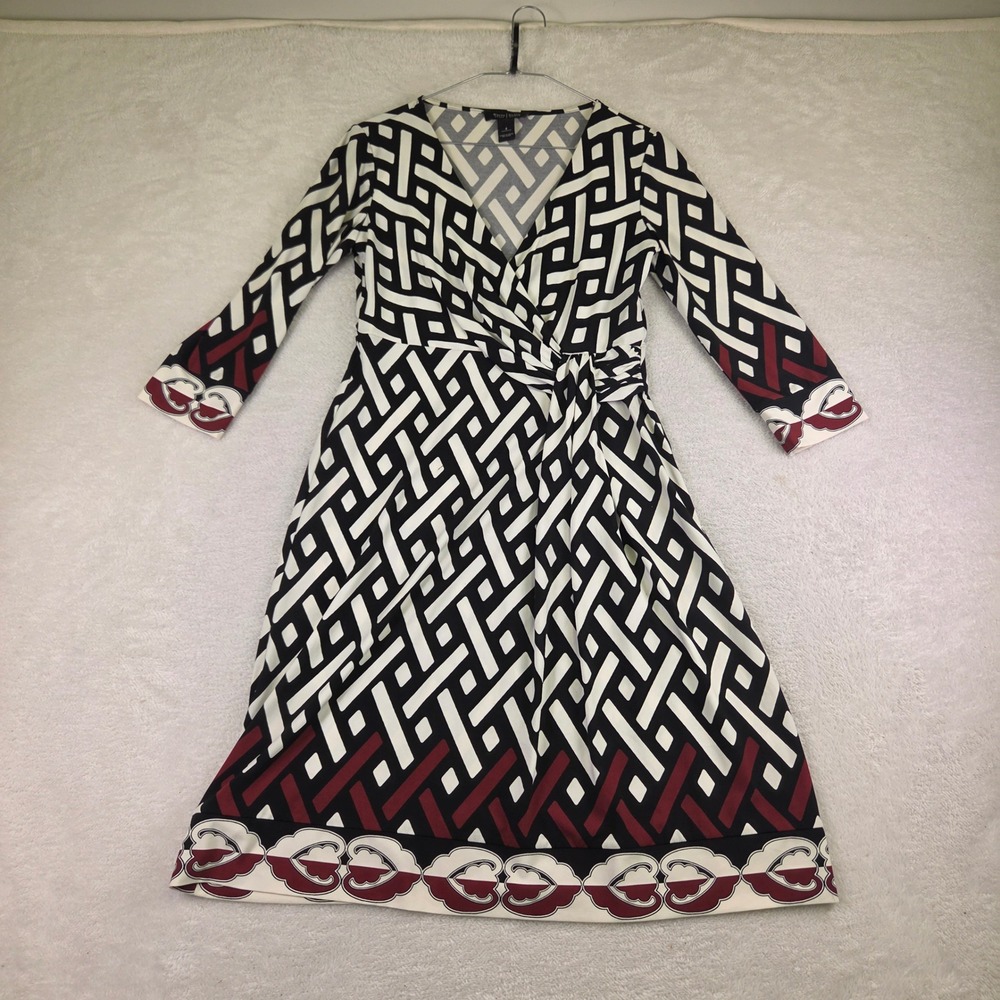 White House Black Market Geometric Wrap Dress Black White Burgundy V-Neck 4